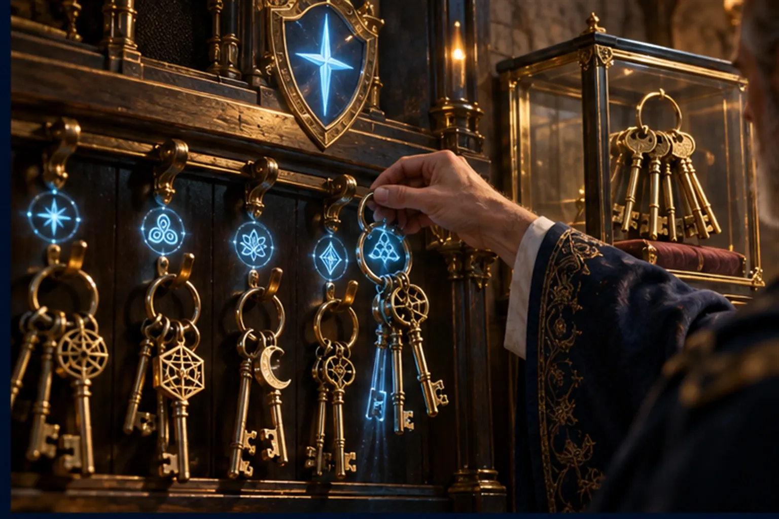 A Wizard's hand lifts one key ring from a wall of hooks, each tied to an agent sigil, beside a glass case of human keys.