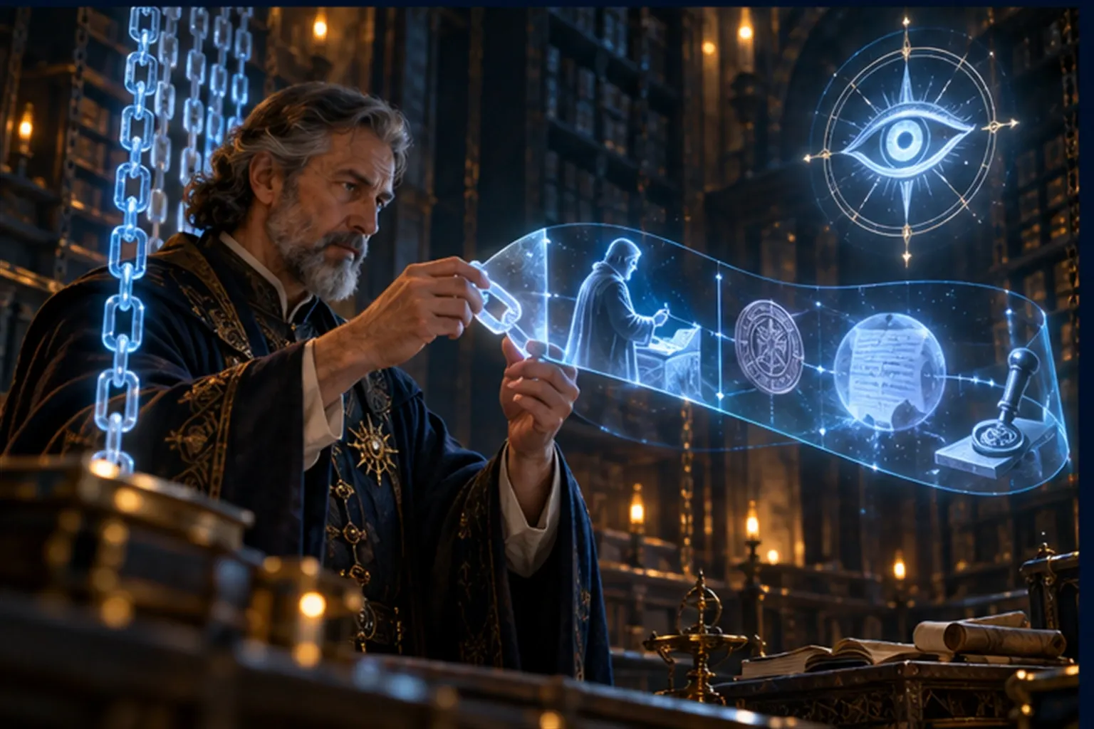 A Wizard pulls one link from a glowing chain in a vault and a ribbon of light unrolls a small scene of a figure, seal and document.