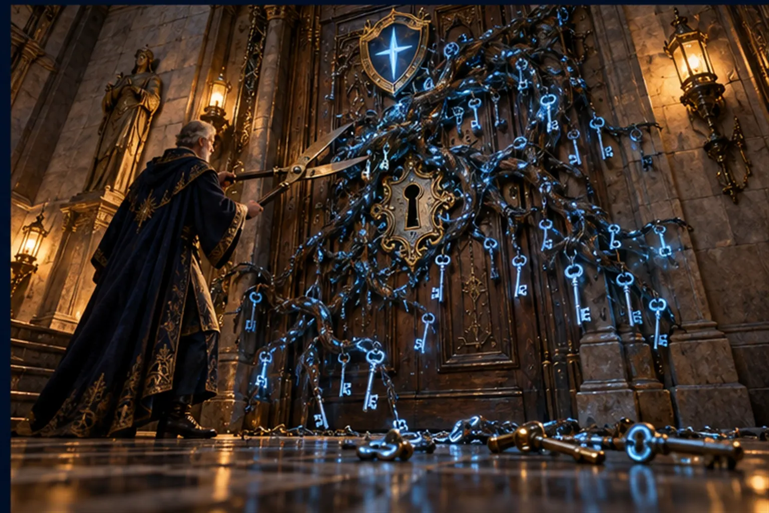 A Wizard prunes a gnarled growth of cyan keys that has overgrown the lock of a tall oak door under a shield sigil.