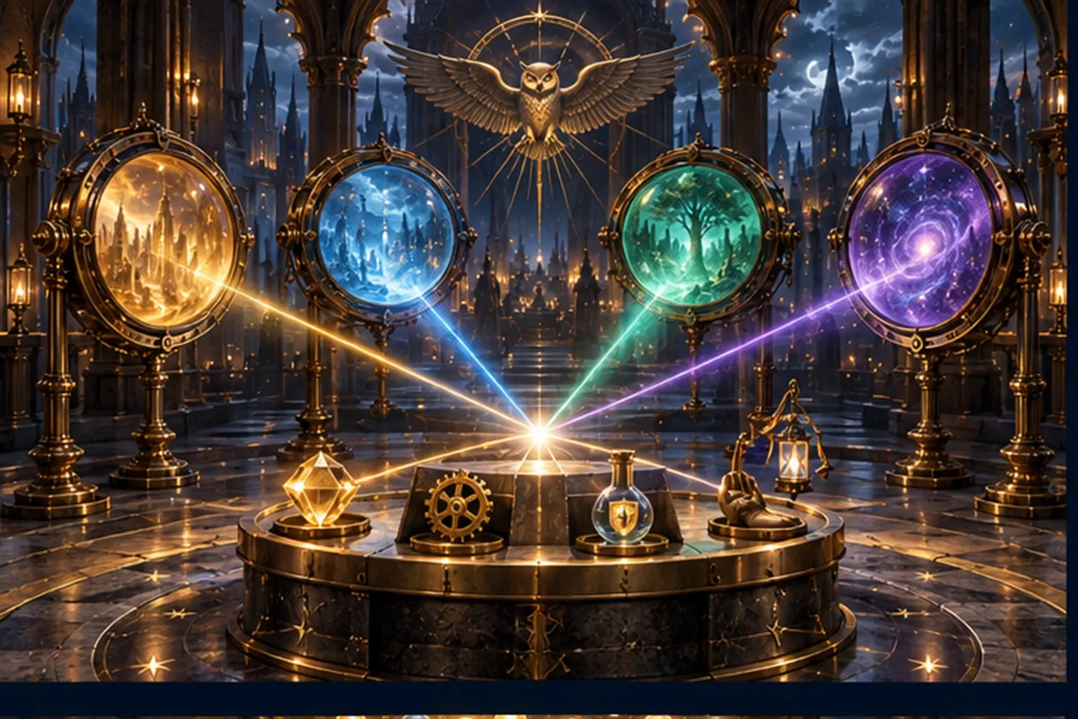 Four round lenses on brass stands throw beams onto a gem, a cogwheel, a sealed flask and a hand holding a lantern.