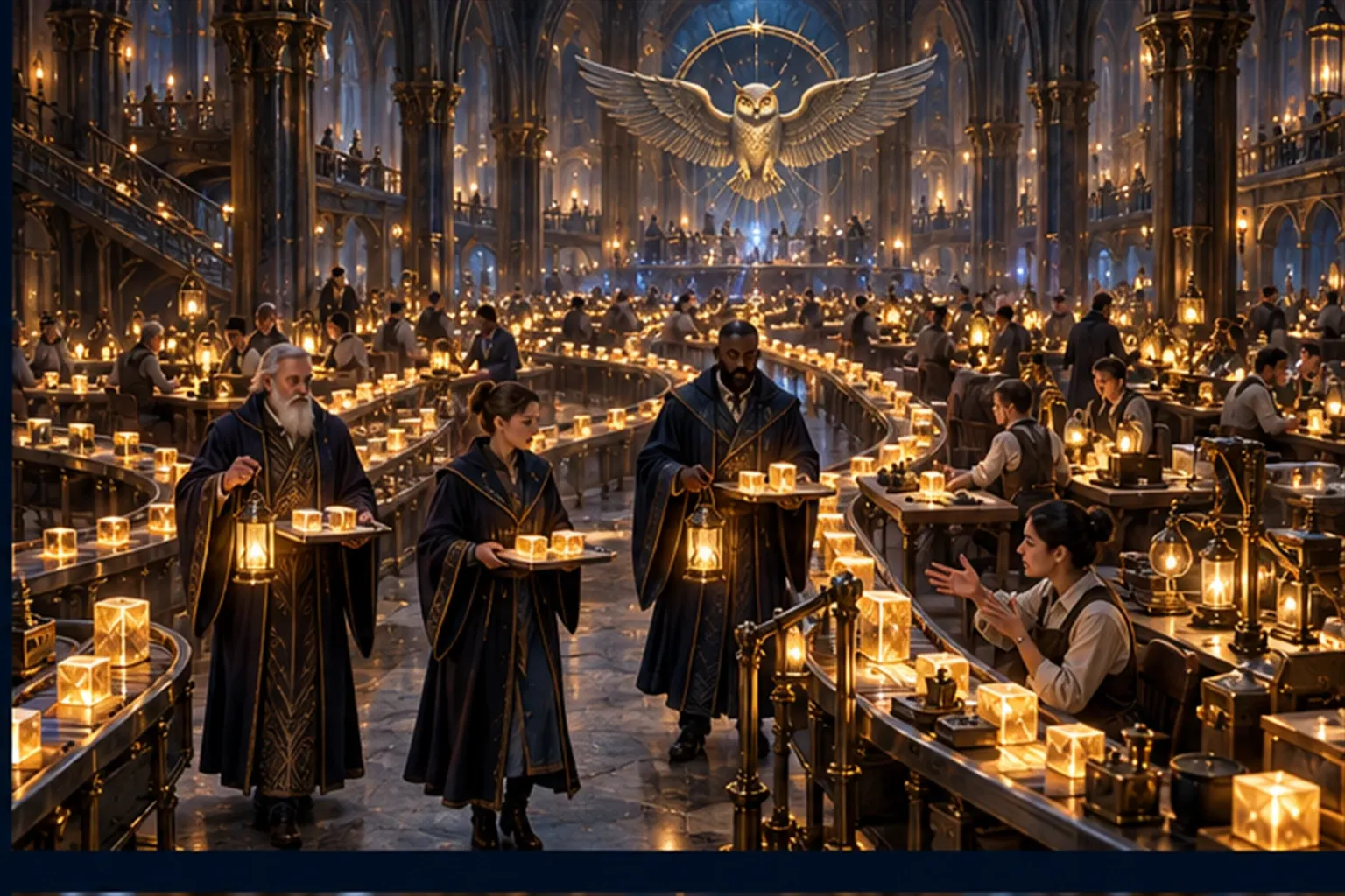 Three Wizards walk between workbenches and queues of glowing parcels, collecting a few into a tray.
