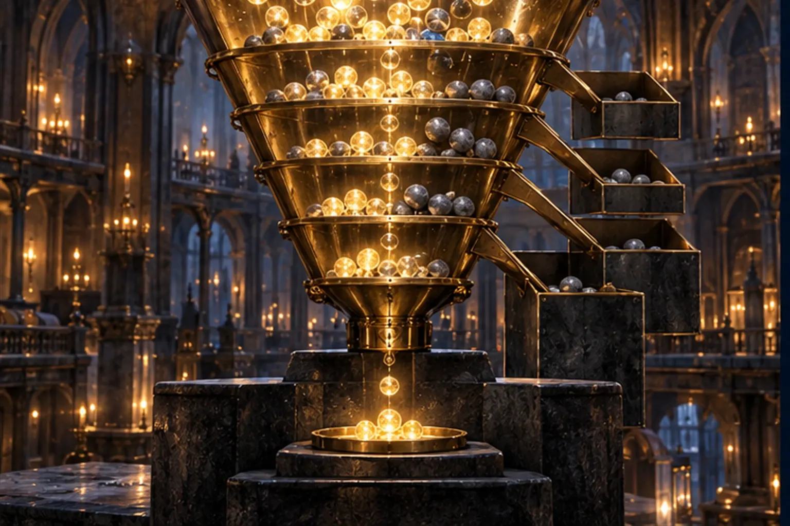A brass funnel with four grates catches dull grey spheres in side bins and lets a few bright ones through to a dish.
