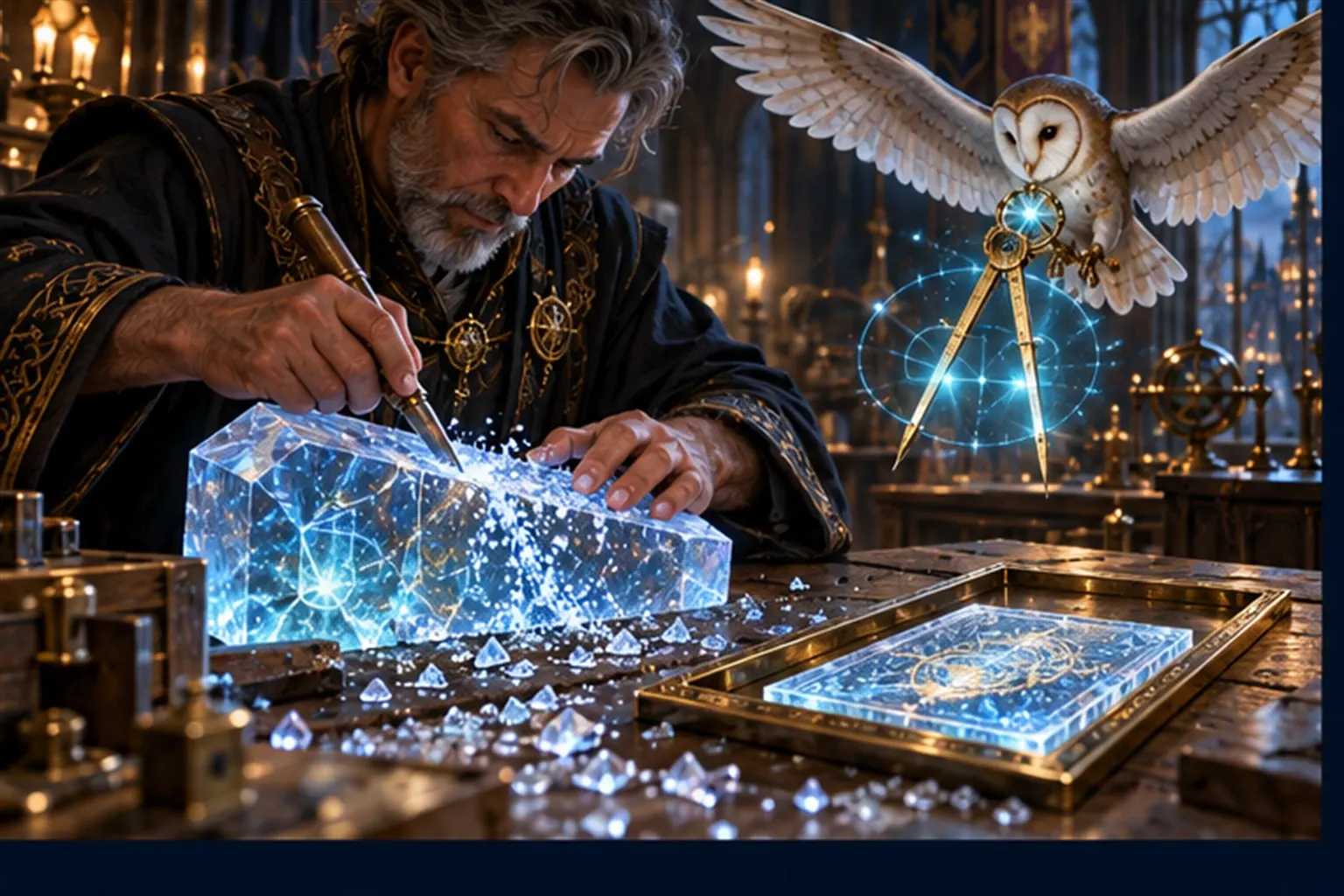 A Wizard chisels a glowing block to fit a single flat brass frame while shavings of light fall away.