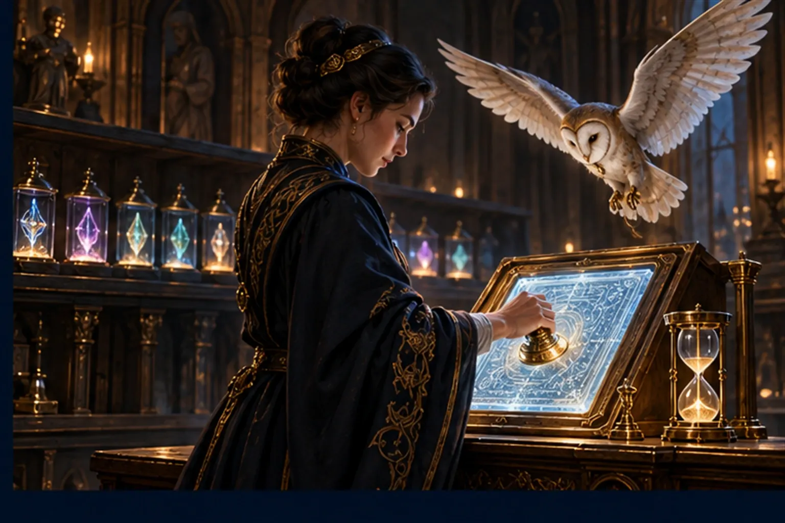 A Wizard seals a glowing tablet at a lectern, with an hourglass beside it and a row of dim lanterns waiting on a shelf.