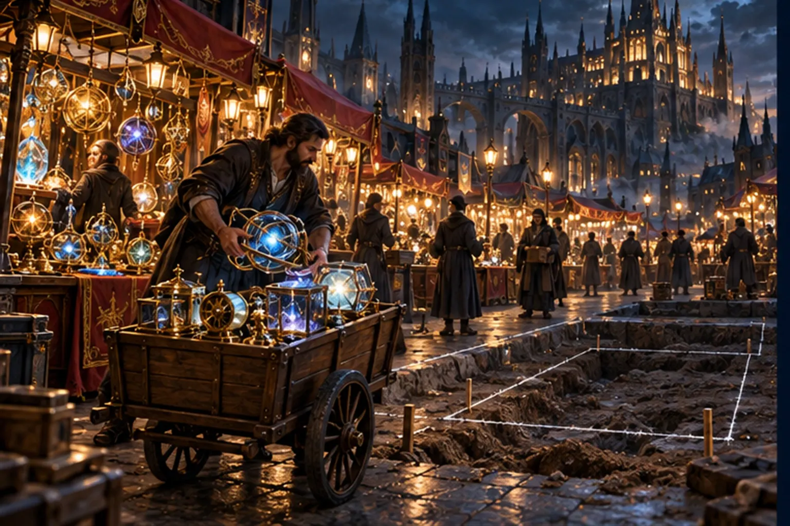 A Wizard loads shiny glowing gadgets from market stalls onto a cart while the foundation trench behind him stays empty.