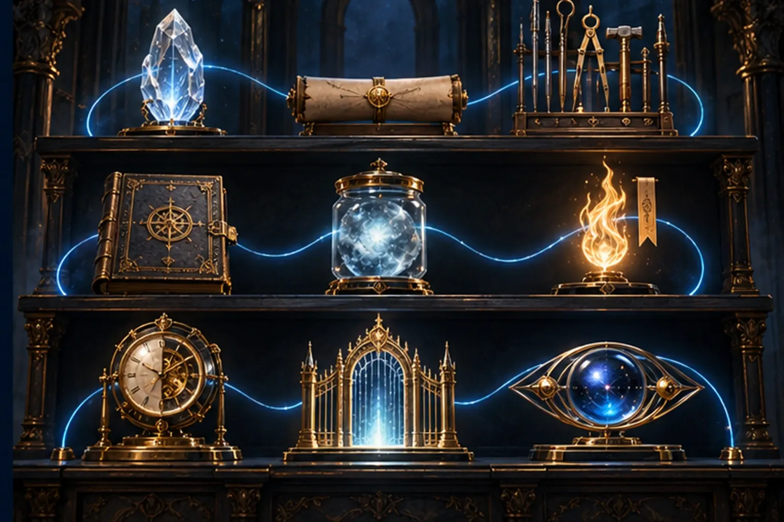 Nine objects on a three-tier shelf, linked by a cyan thread: crystal, scroll, tools, book, jar, flame, clock, gate and lens.