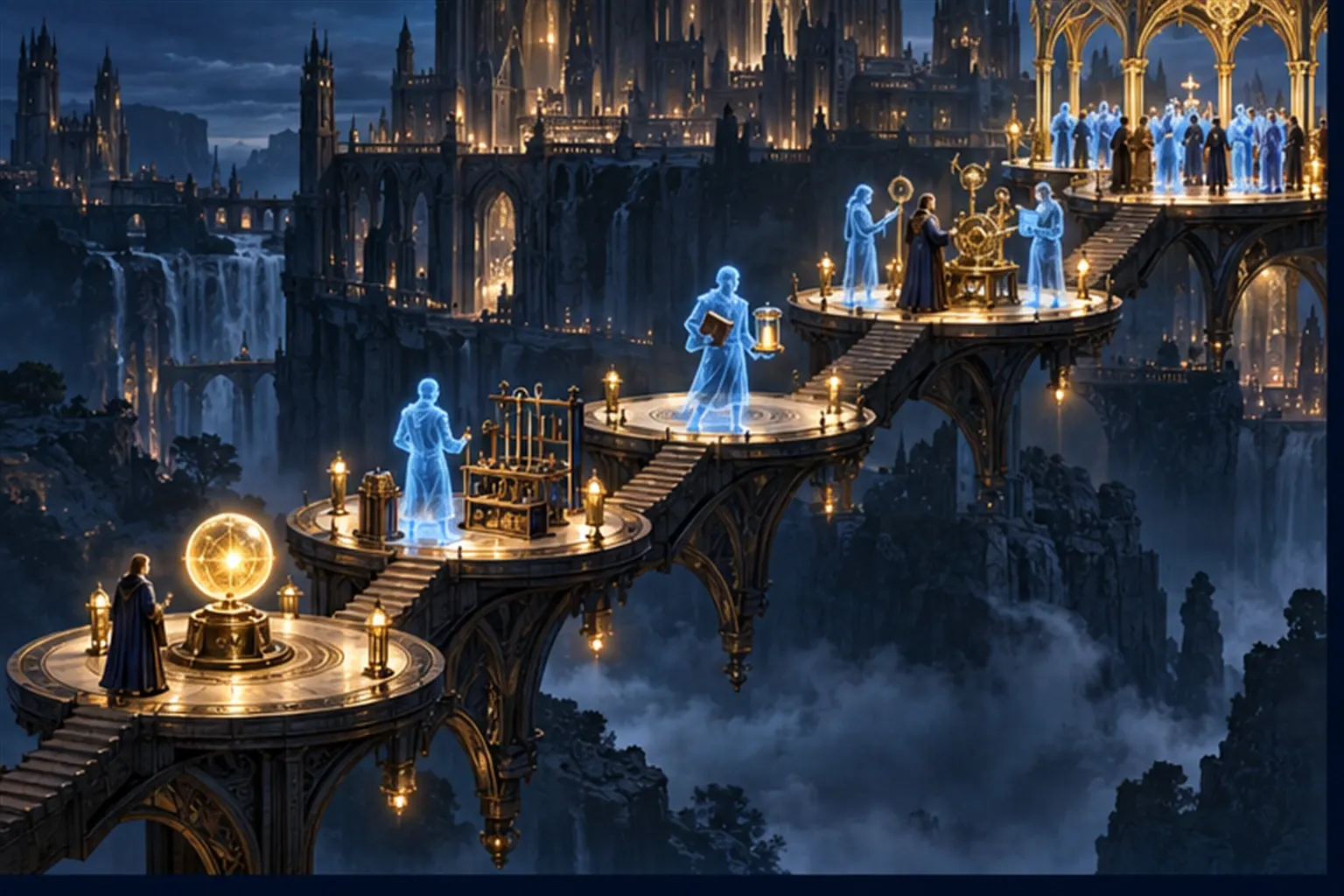 A diagonal ladder of five platforms, from a single orb up to a crowd of agent figures under a gold-ringed canopy.