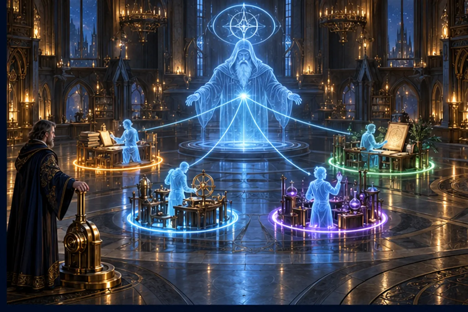 A large cyan figure on a dais sends threads to four smaller specialists at workbenches while a Wizard watches with a hand on a lever.