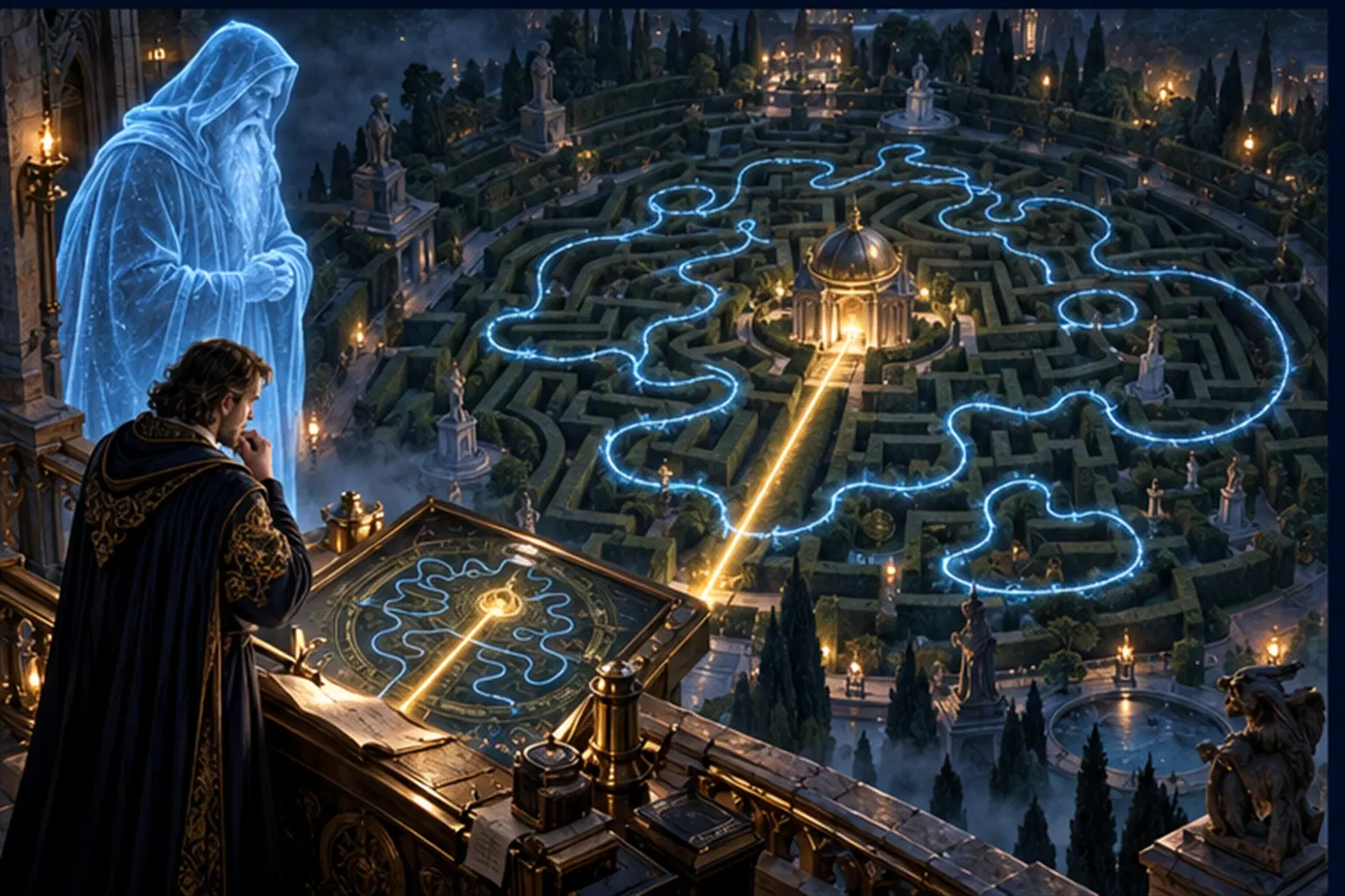 Seen from above, a looping cyan trail and a short gold line cross a labyrinth while two observers compare them.