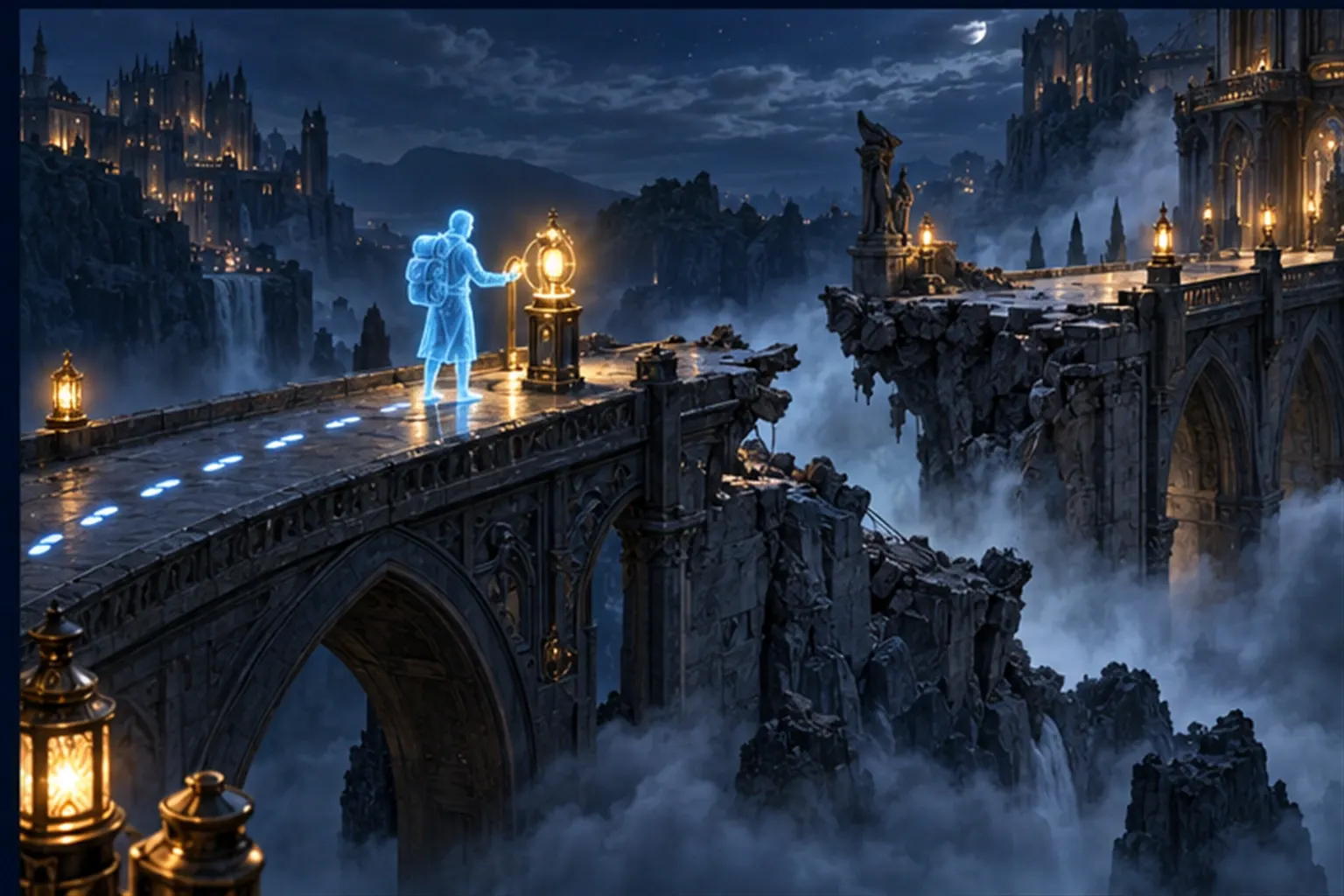 A cyan agent stands at a lantern checkpoint mid-bridge beside a collapsed gap, with lit footprints marking finished steps.