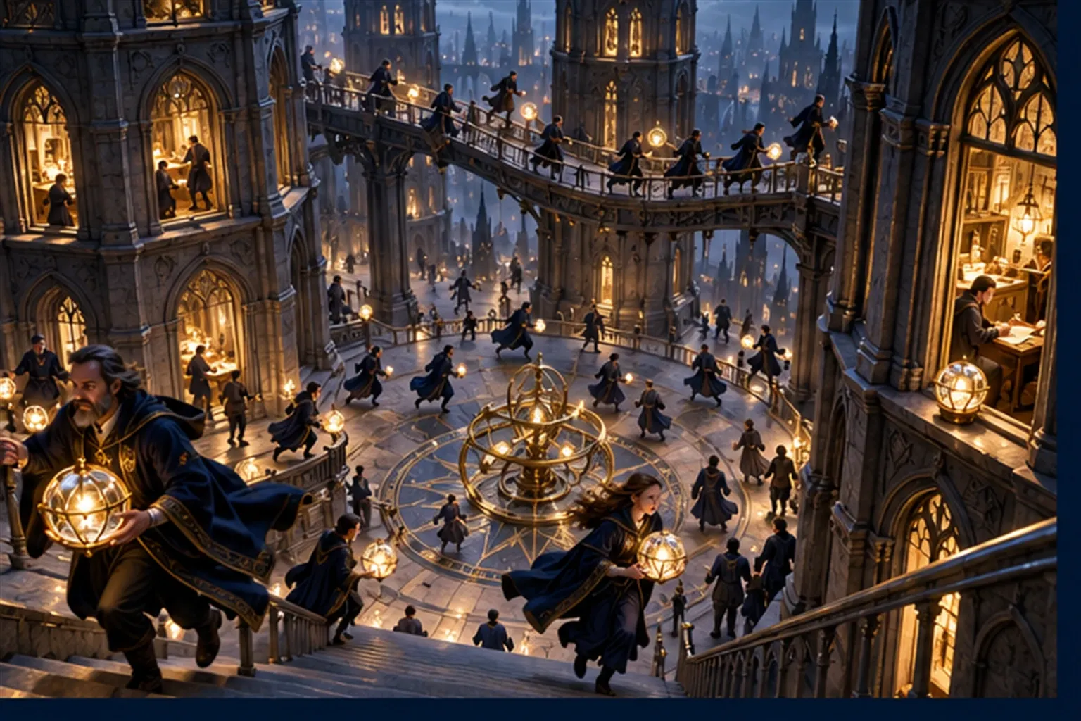 Wizards run between four towers carrying glowing parcels while one parcel sits unnoticed on a windowsill.