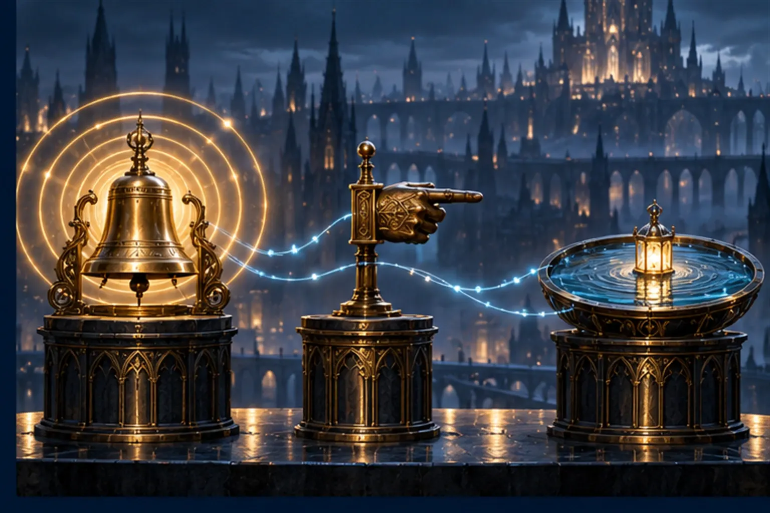 Three pedestals: a bell sending out rings of light, a pointing-hand signpost and a still pool with one floating lantern.