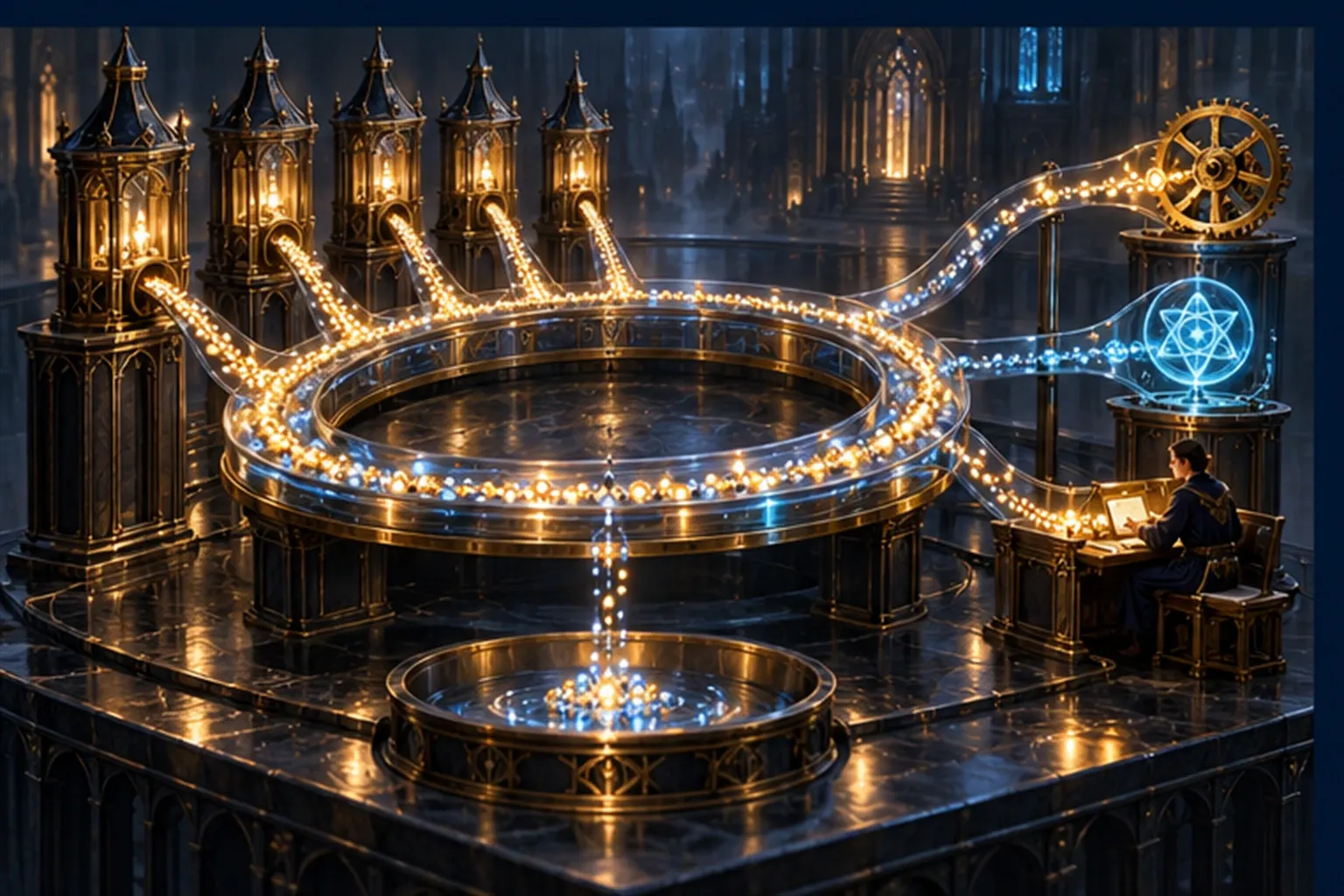 Five towers drop beads into a ring-shaped light conduit, while a gear, an agent sigil and a Wizard at a desk catch them.