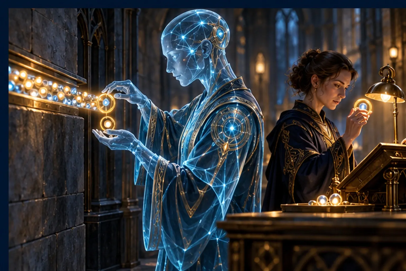 A cyan agent at a slot in a wall picks out gold-ringed beads from a stream while a Wizard inspects one proposal at a lectern.