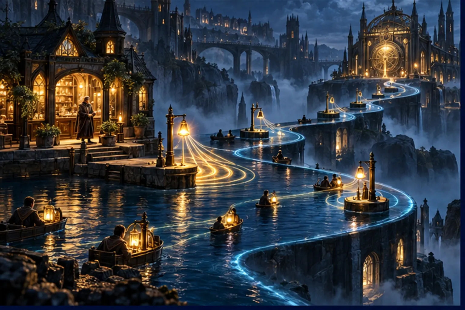 A winding canal from a shop isle to a vault isle with four bell-posts, each sending ripples to small lanterns.