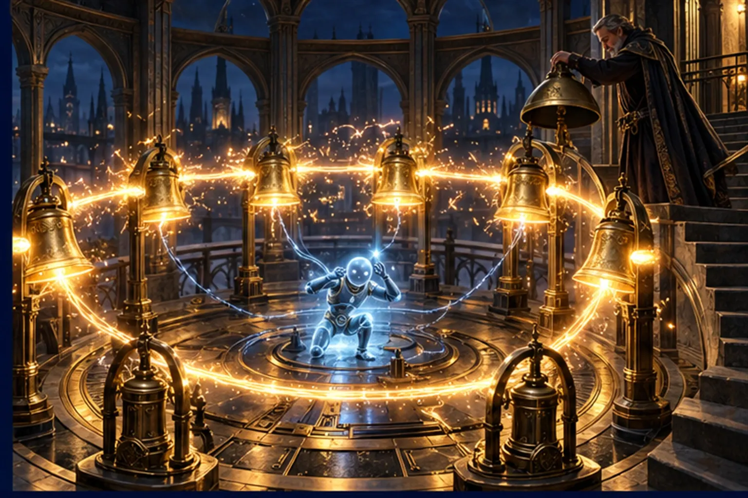 A ring of blazing bells each triggering the next while a Wizard lowers a brass damper over one to break the loop.