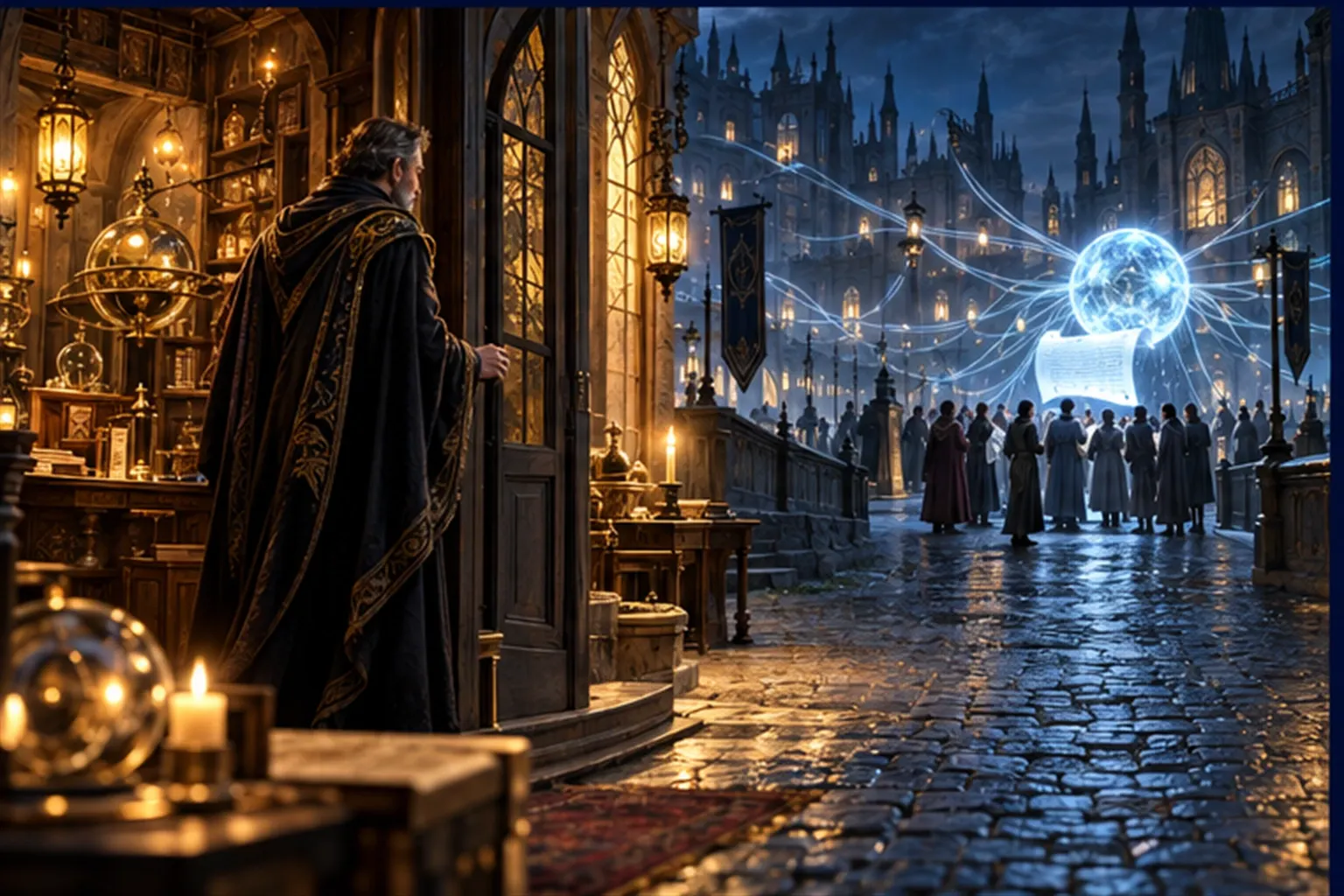 A Wizard merchant looks from his workshop door at an empty road while travellers gather round a glowing orb in a distant square.