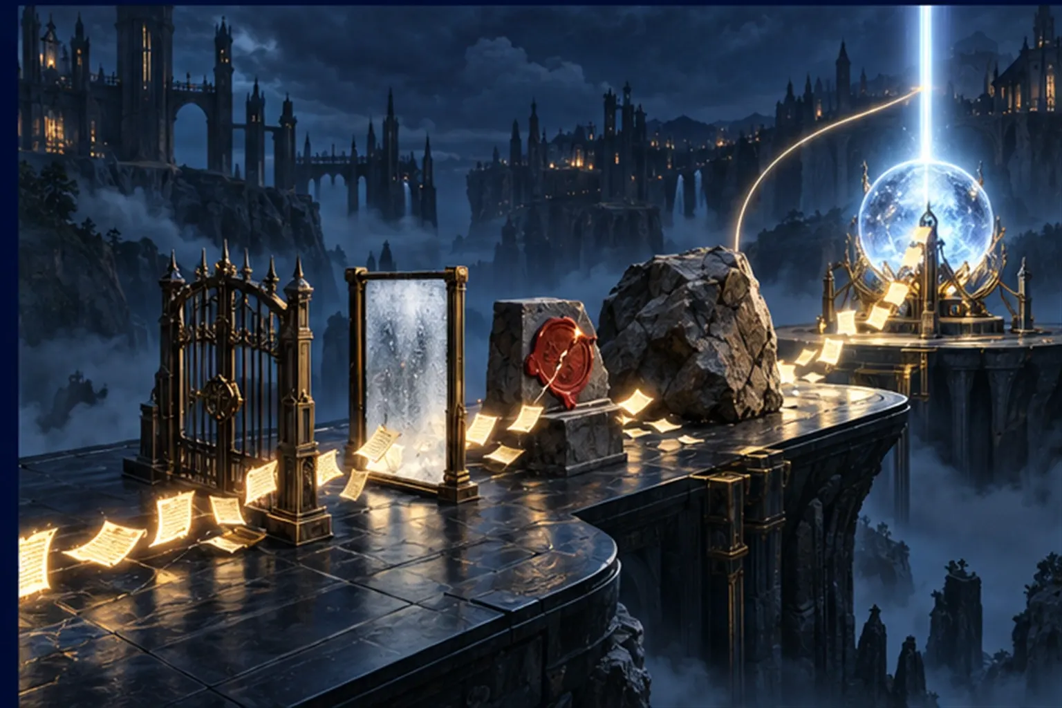 Glowing pages cross a plinth past a gate, fogged glass, a cracked seal and a boulder toward a central orb.