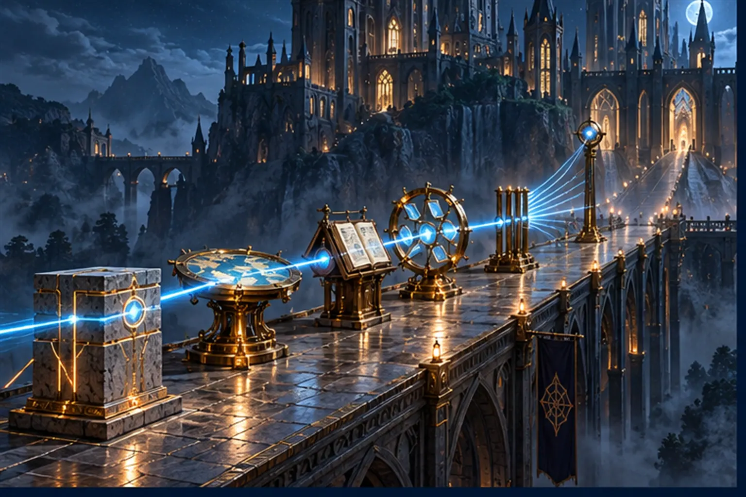 A beam of light passes through six brass stations on a straight causeway: stone base, map table, tome, mirrors, conduits, eye.