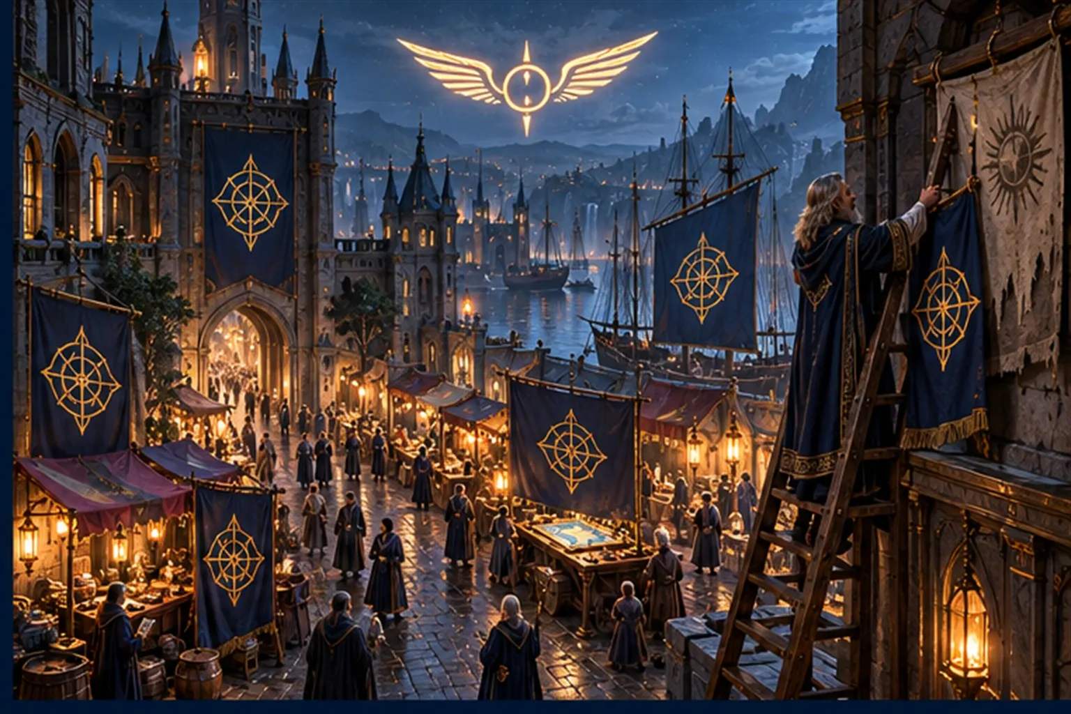 Banners with the same gold crest hang along a night street while a Wizard on a ladder replaces one faded old crest.