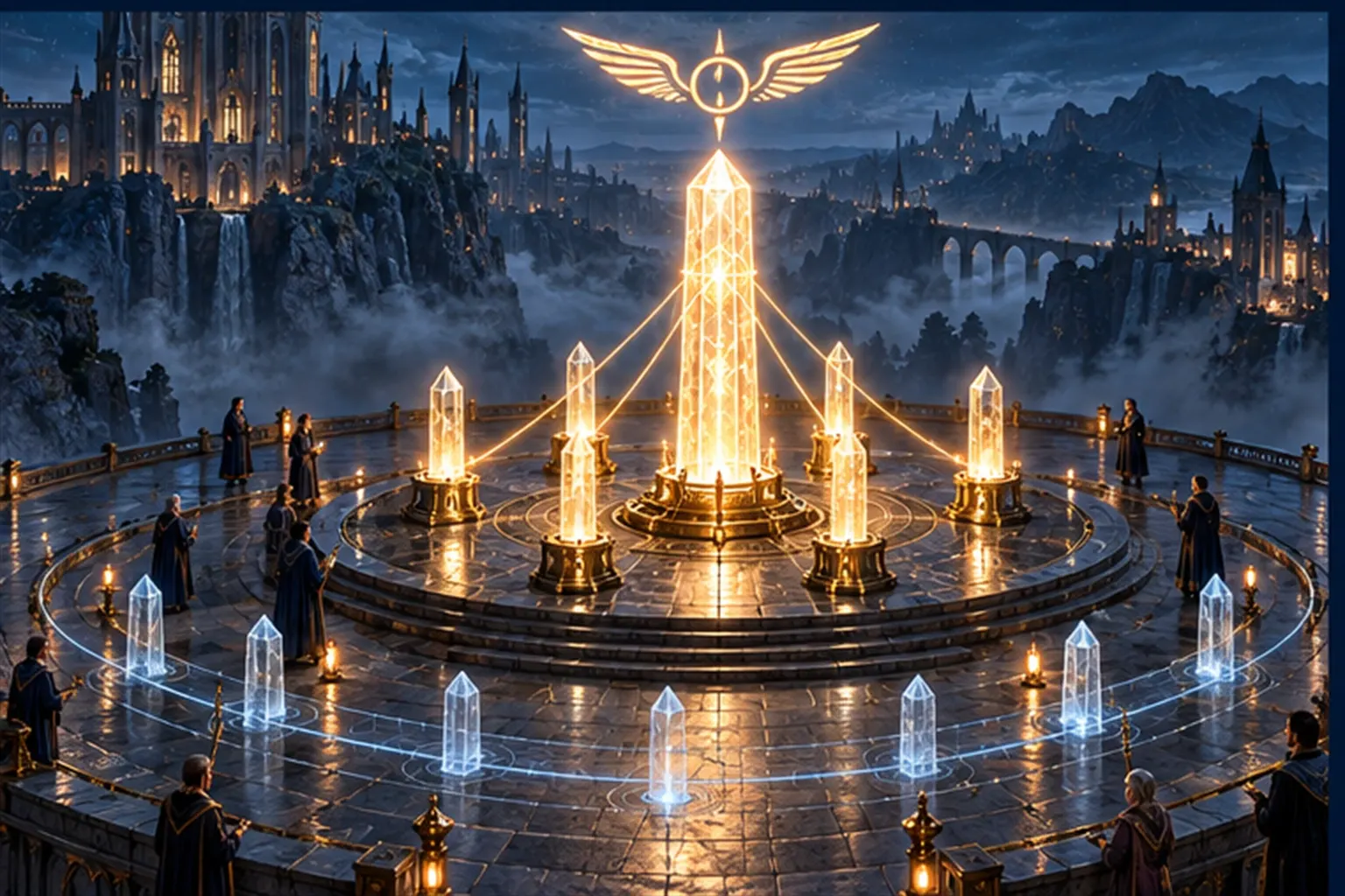 A tall glowing obelisk circled by eight smaller stelae tied to it by threads, with a second ring starting to rise.