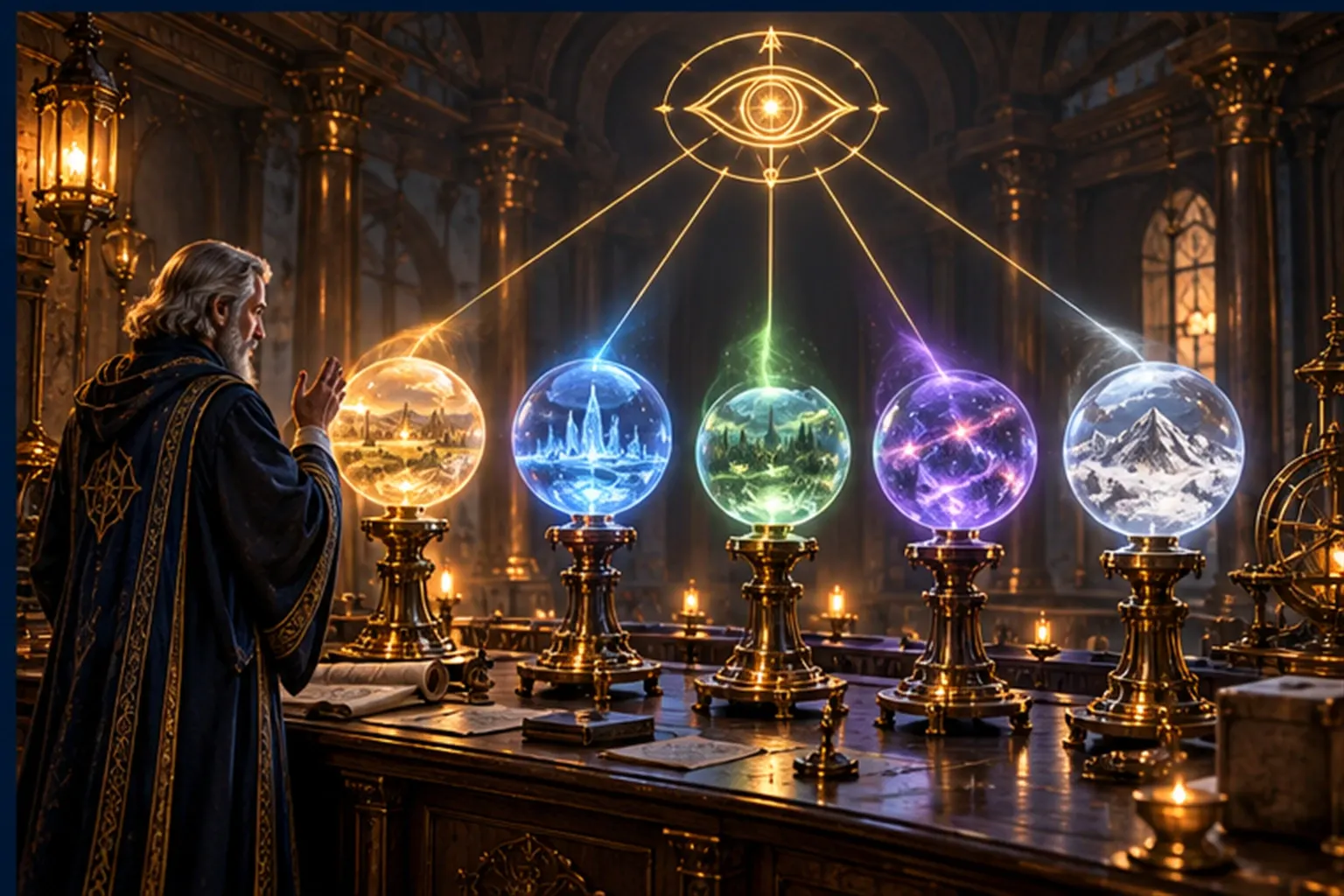 A Wizard questions a row of five crystal orbs, each projecting a different beam, while an eye sigil records them.