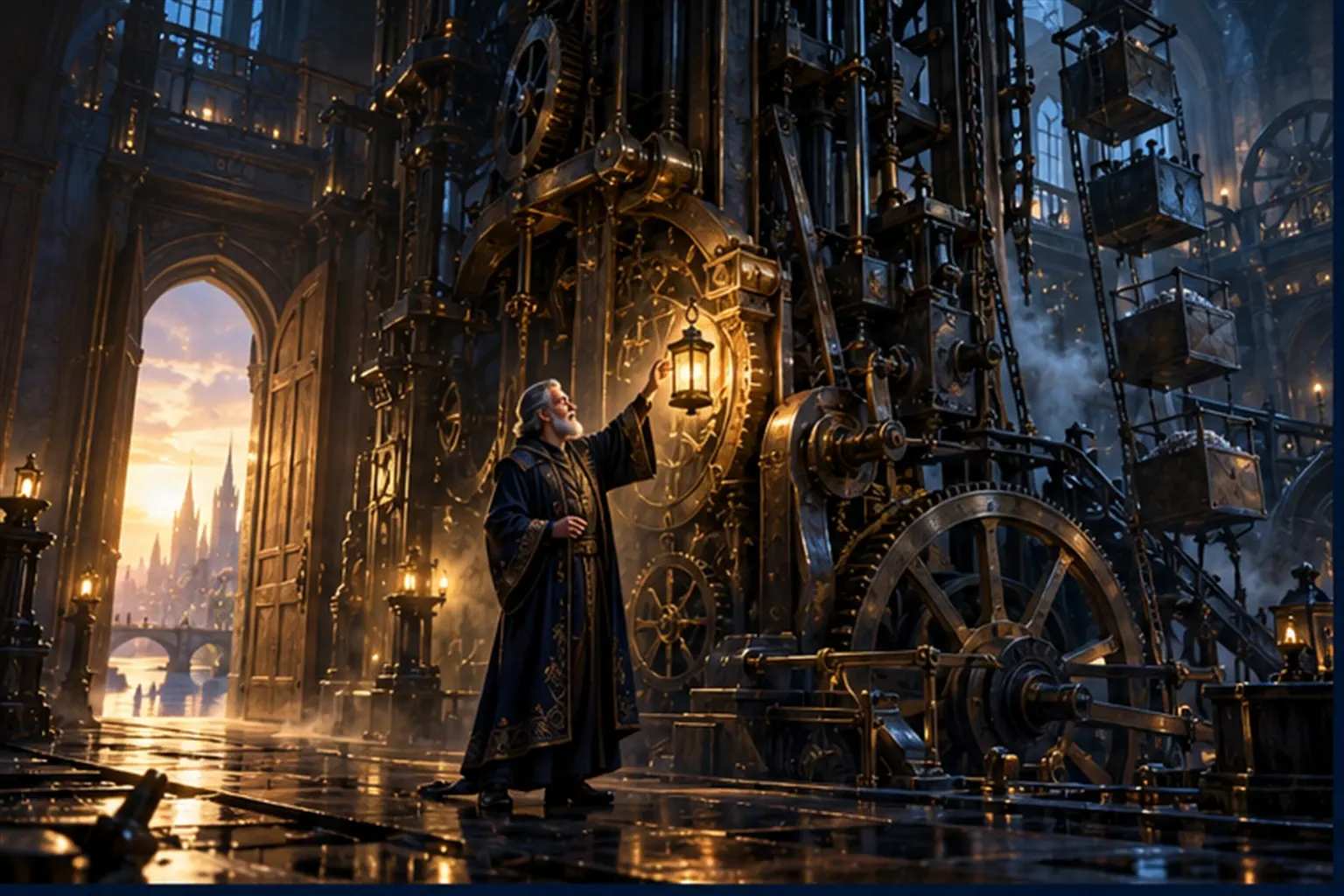 A Wizard lights a small circle of a vast clockwork machine with one lantern while unlit parts shift unnoticed.