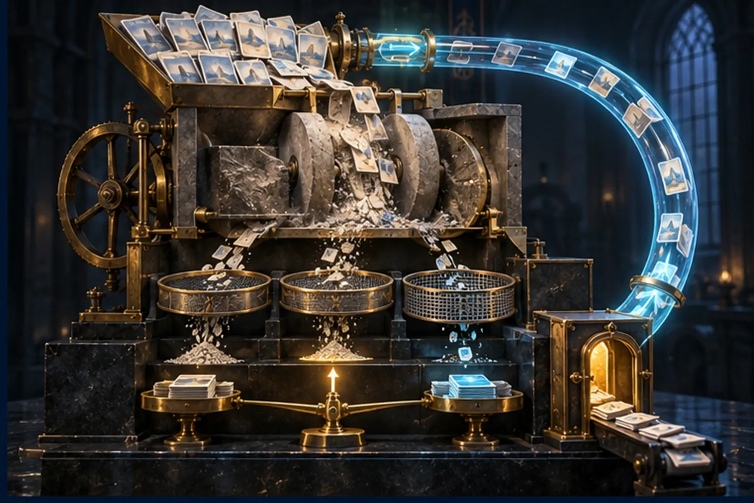 A cross-section of a mill: a hopper of cards, a grinding chamber, three sieves, a balance, a line, a door and a loop back.