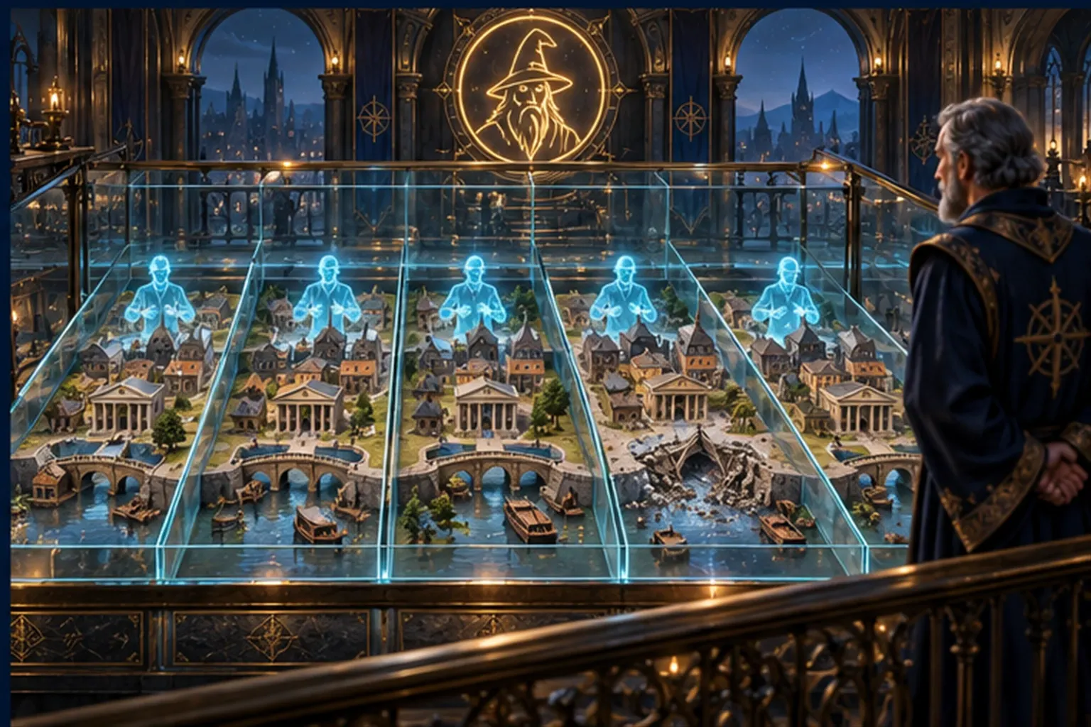 A glass chamber holds a miniature town where five ghost copies of a cyan agent run one task while a Wizard watches.