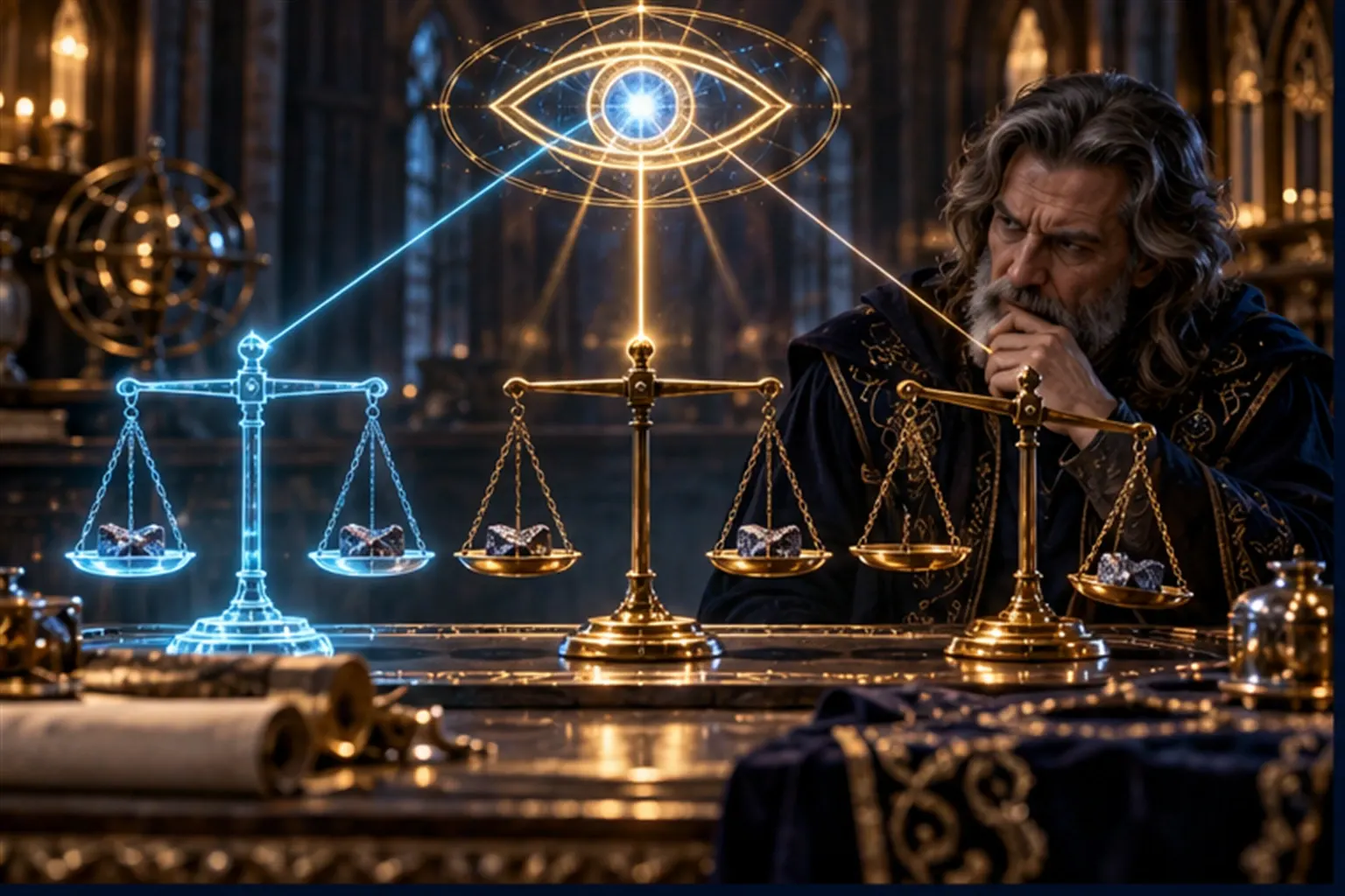 Two balances weigh the same sample level, a cyan one and a brass one, while a third tilts out of line under an eye sigil.
