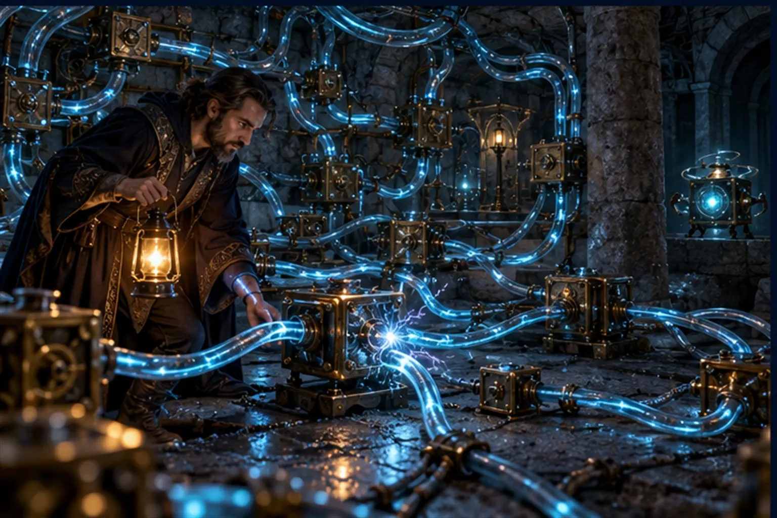 A Wizard with a lantern follows a tangle of cyan conduits linking unmarked clockwork boxes in a dim stone cellar.