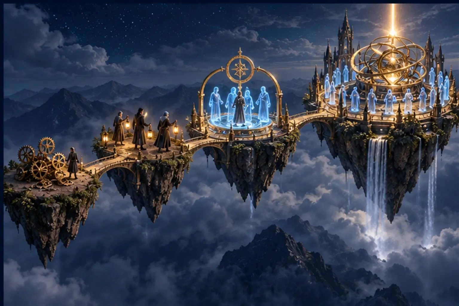 Four floating islands joined by thickening bridges, from scattered gears to a full portfolio of agents around a central orrery.