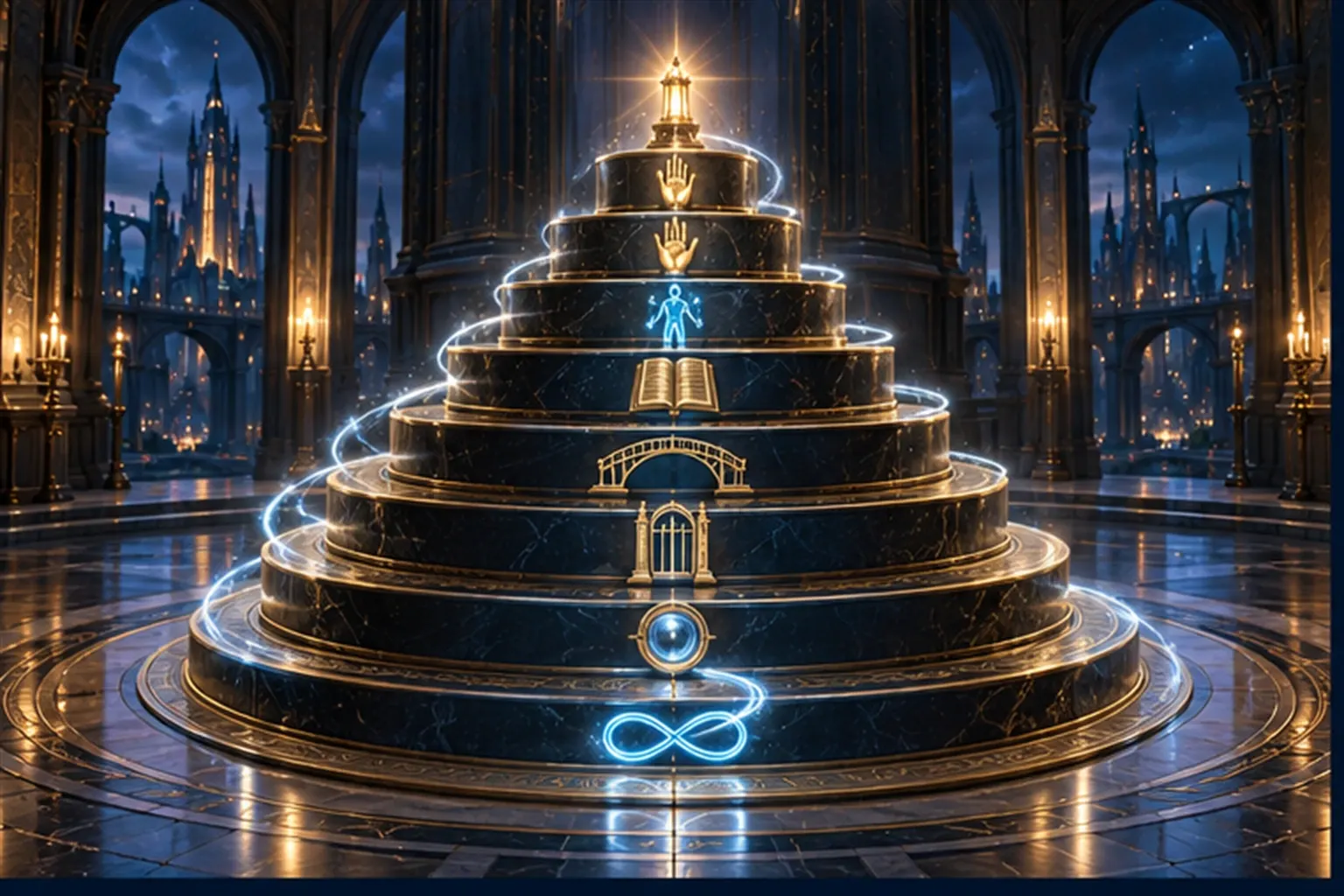 A stepped round platform of eight tiers carrying a beacon, hand, figure, book, bridge, gate, lens and a looping light.