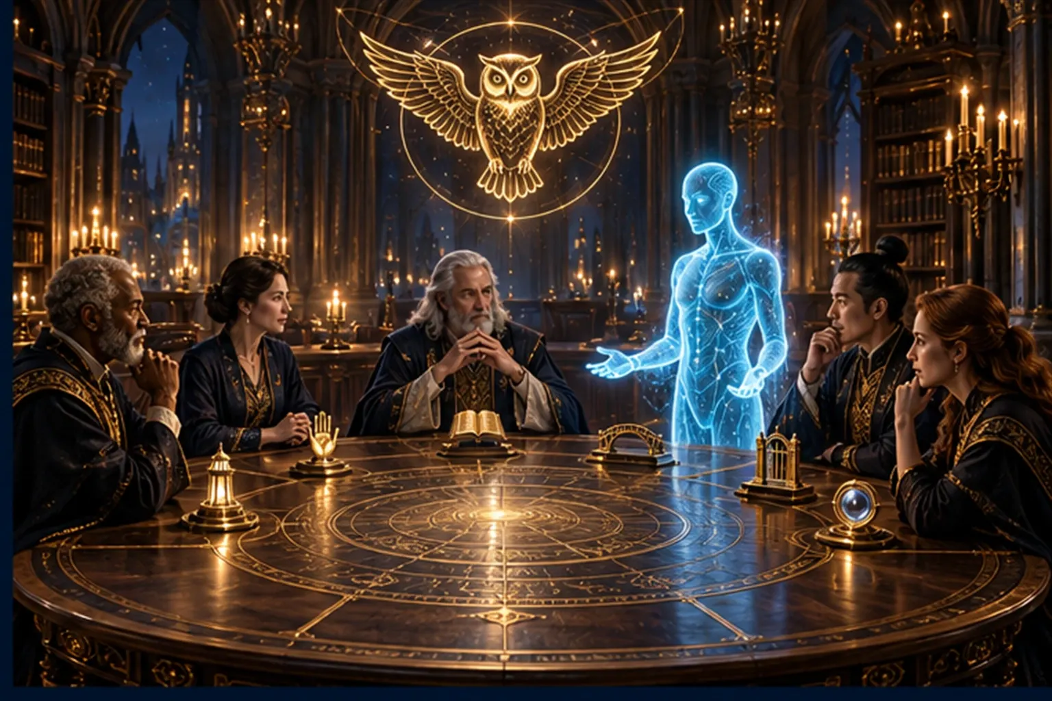 Five Wizards sit at a round council table with brass emblems, while a cyan agent stands at its edge with open hands.