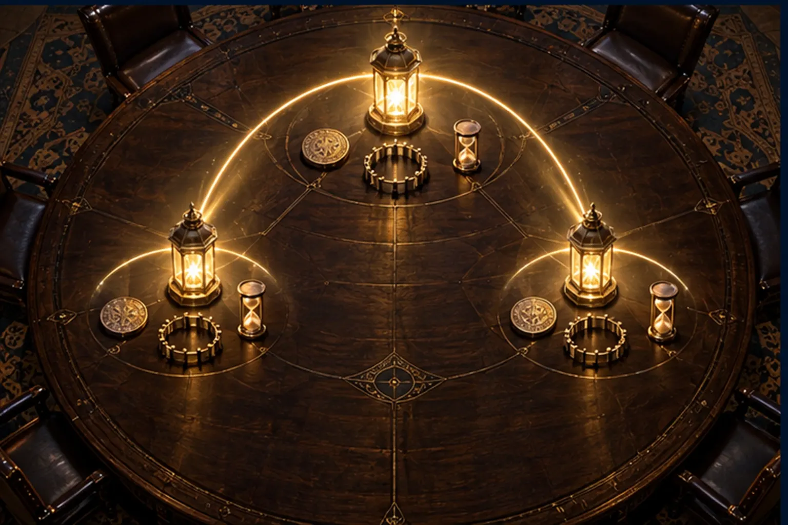 From above, one lit lantern with a seal, a ring of posts, a lamp and an hourglass, from which two more lanterns are being lit.
