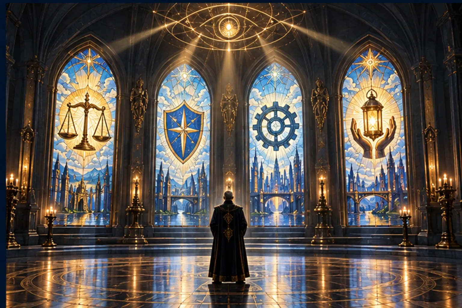 A Wizard studies four glowing stained-glass windows showing a scale, shield, gear and lantern under a hovering eye sigil.