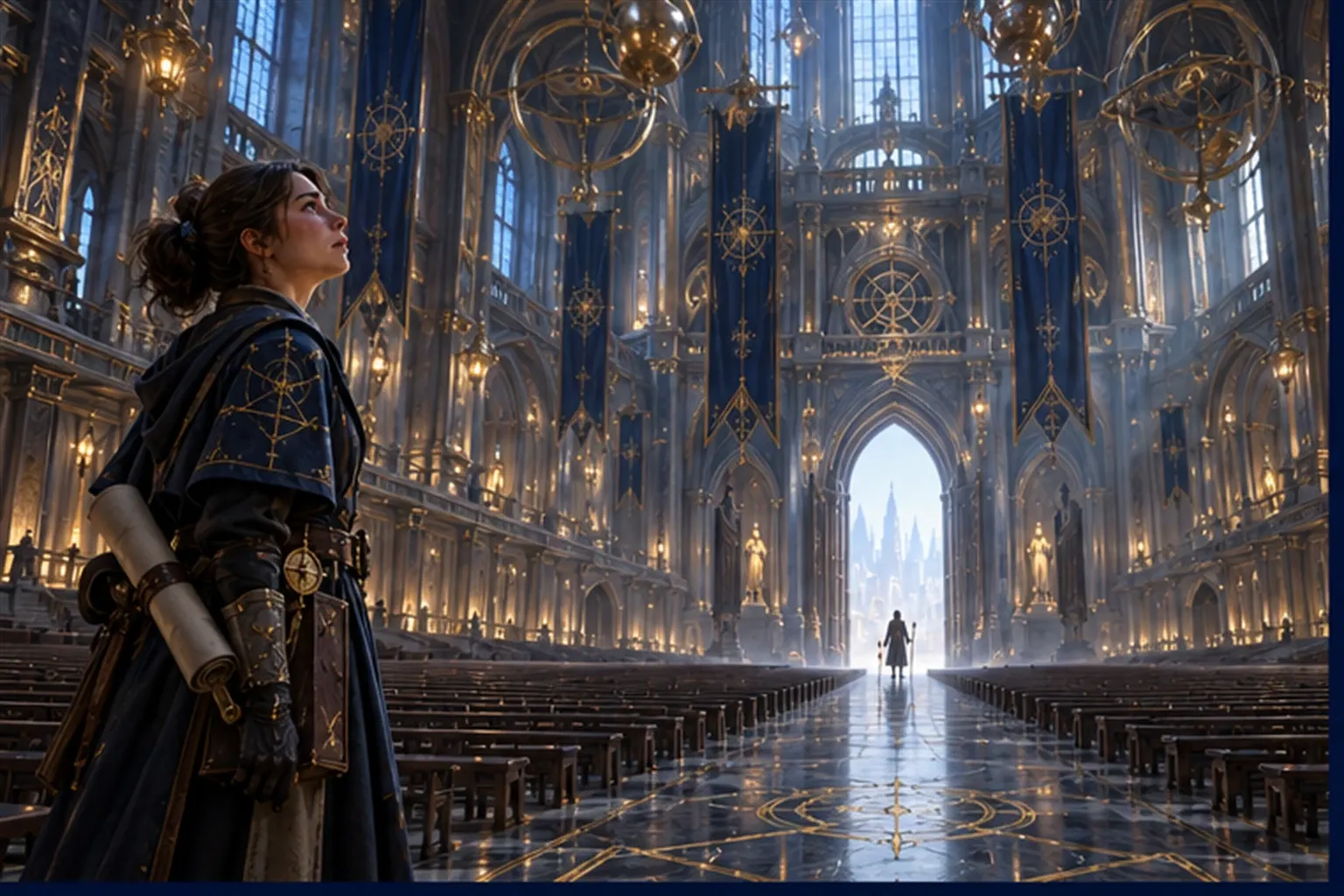 A single traveller stands at the far end of a colossal empty hall while a Wizard builder looks up at the vacant benches.