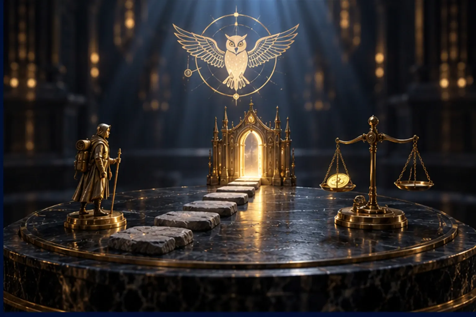 A brass traveller figurine, a straight path of stepping stones to a lit gate, and a gold coin on a small balance.