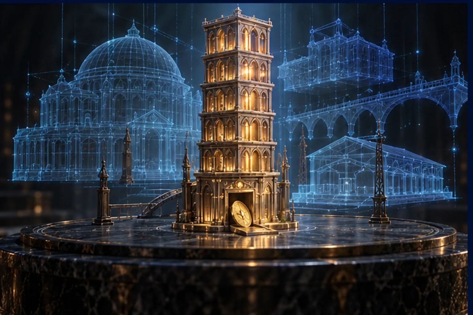 A slim glowing tower of six slabs with a coin slot, surrounded by faint ghost outlines of unbuilt wings and domes.