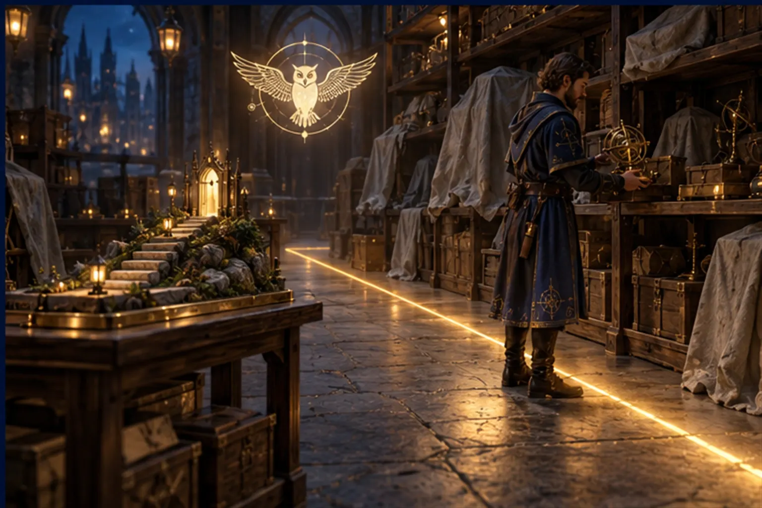 A Wizard sets a gadget on a shelf of covered crates beyond a glowing gold line, while one finished model stands on a table.
