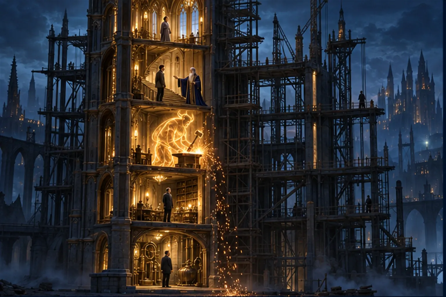 A half-built hall in cross-section with one finished lit vertical slice, visitors on each floor and a horned hologram at work.