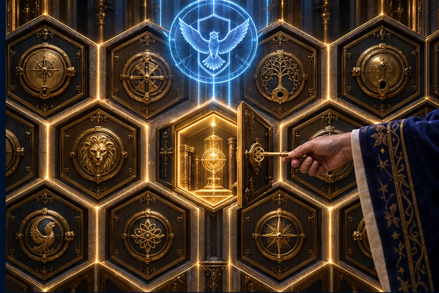 A honeycomb wall of sealed brass vaults with one lit and open for a Wizard's key, while its neighbours stay closed.