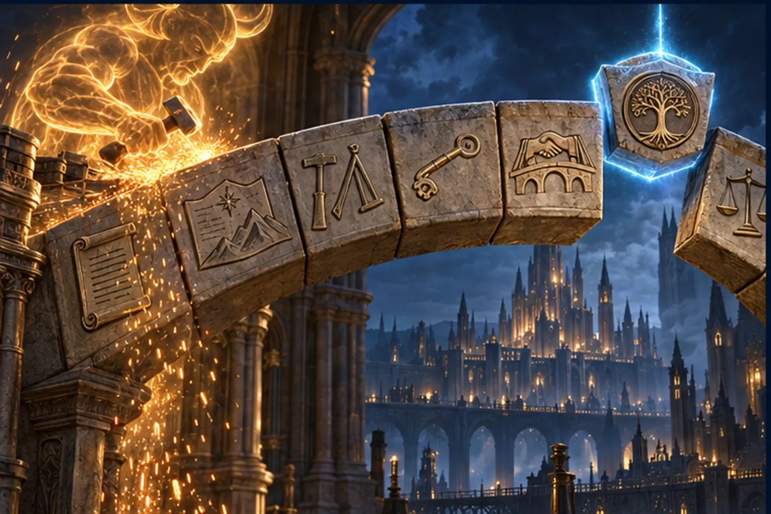 A seven-block stone arch with carved emblems, the keystone seal poised above the gap and ready to be lowered.