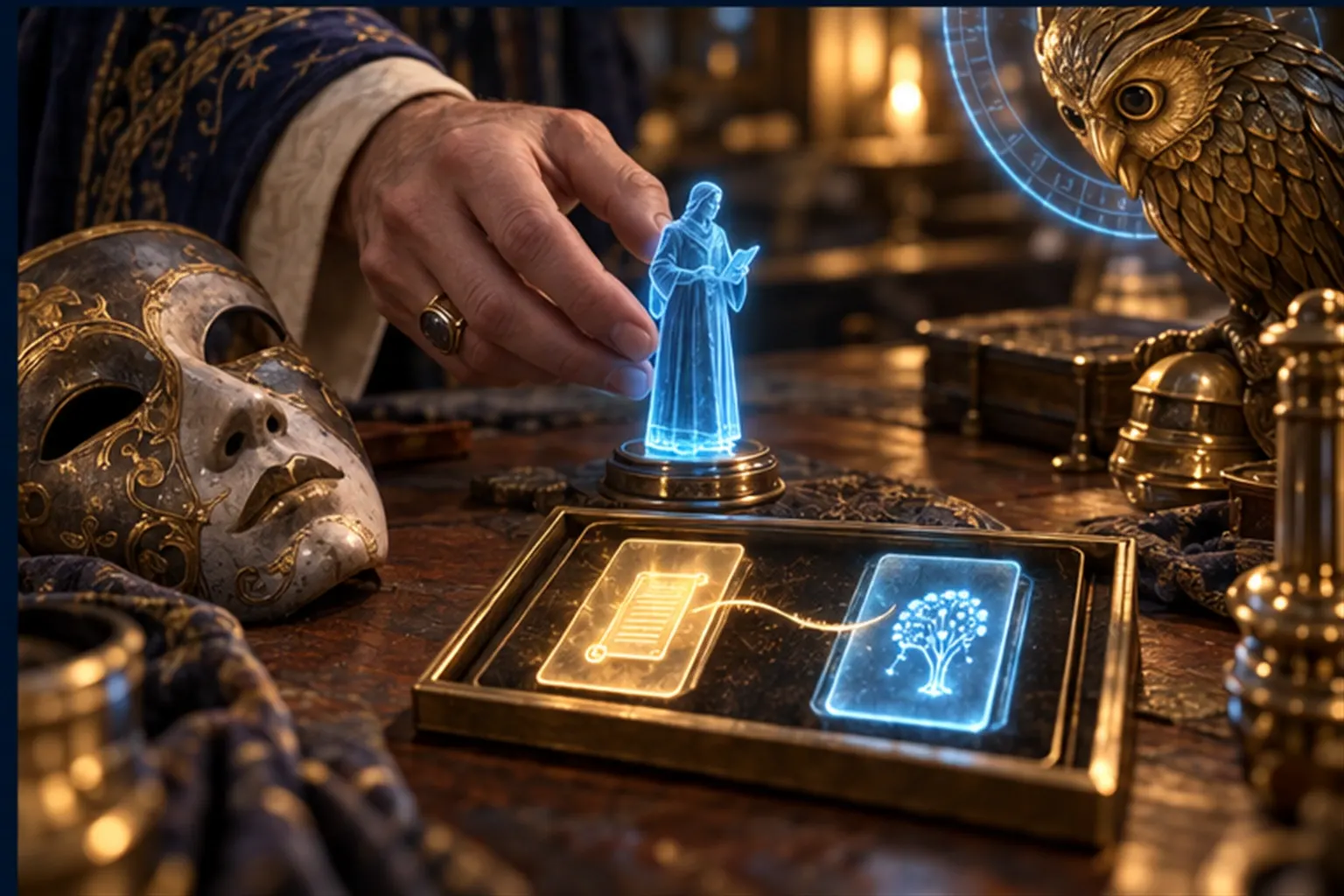 A Wizard's hand sets a small cyan figure before a tray of matched card pairs beside a discarded mask.
