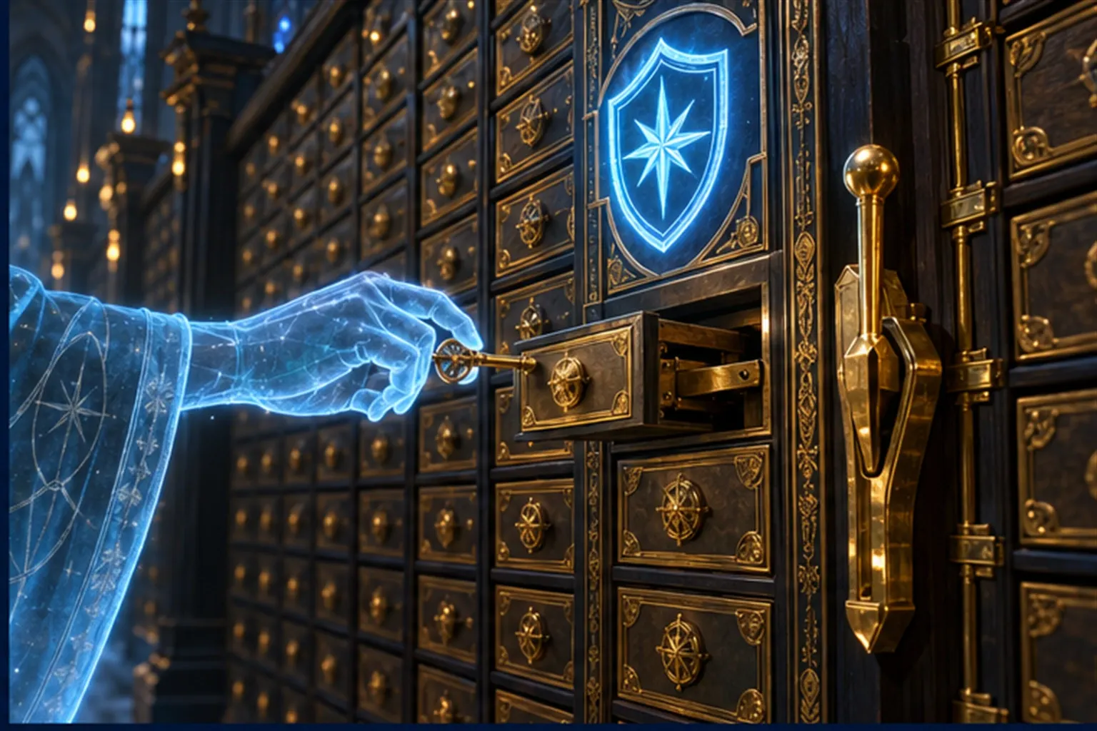 A cyan hand turns a key in a brass drawer that opens only a hand's breadth, beside a gold lever and a shield sigil.