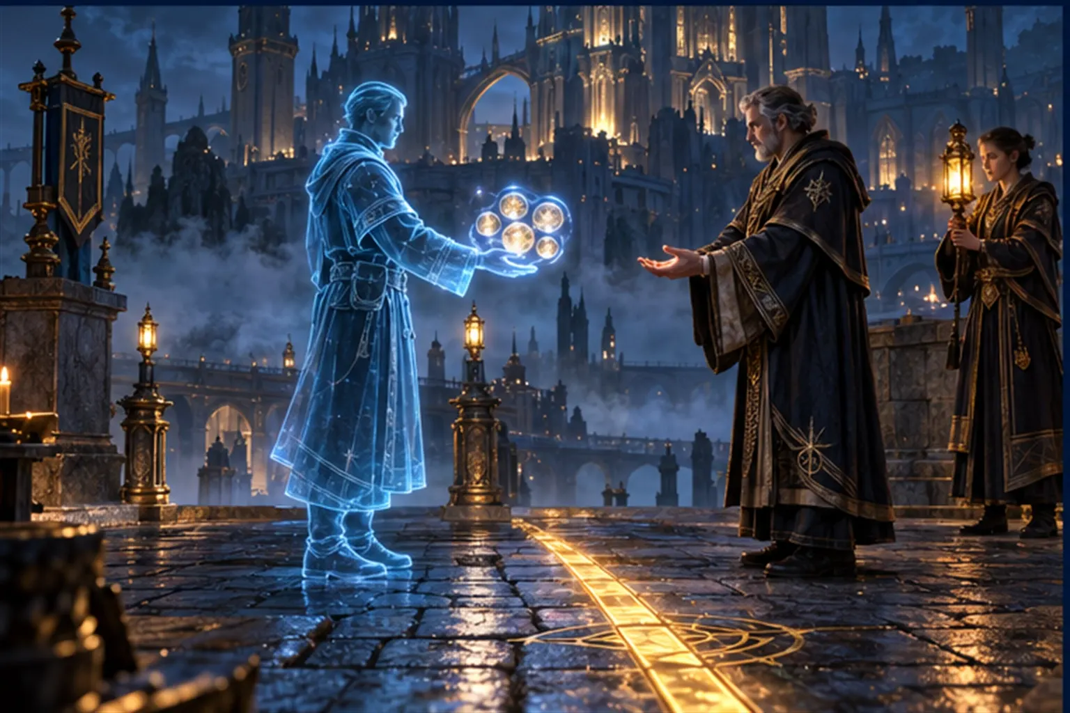 A cyan agent stops at a gold line on a stone road and hands a bundle of glowing orbs to a waiting Wizard.