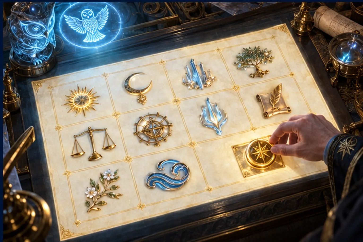 From above, a glowing canvas divided into eleven compartments with small emblems as a Wizard's hand sets the last seal.