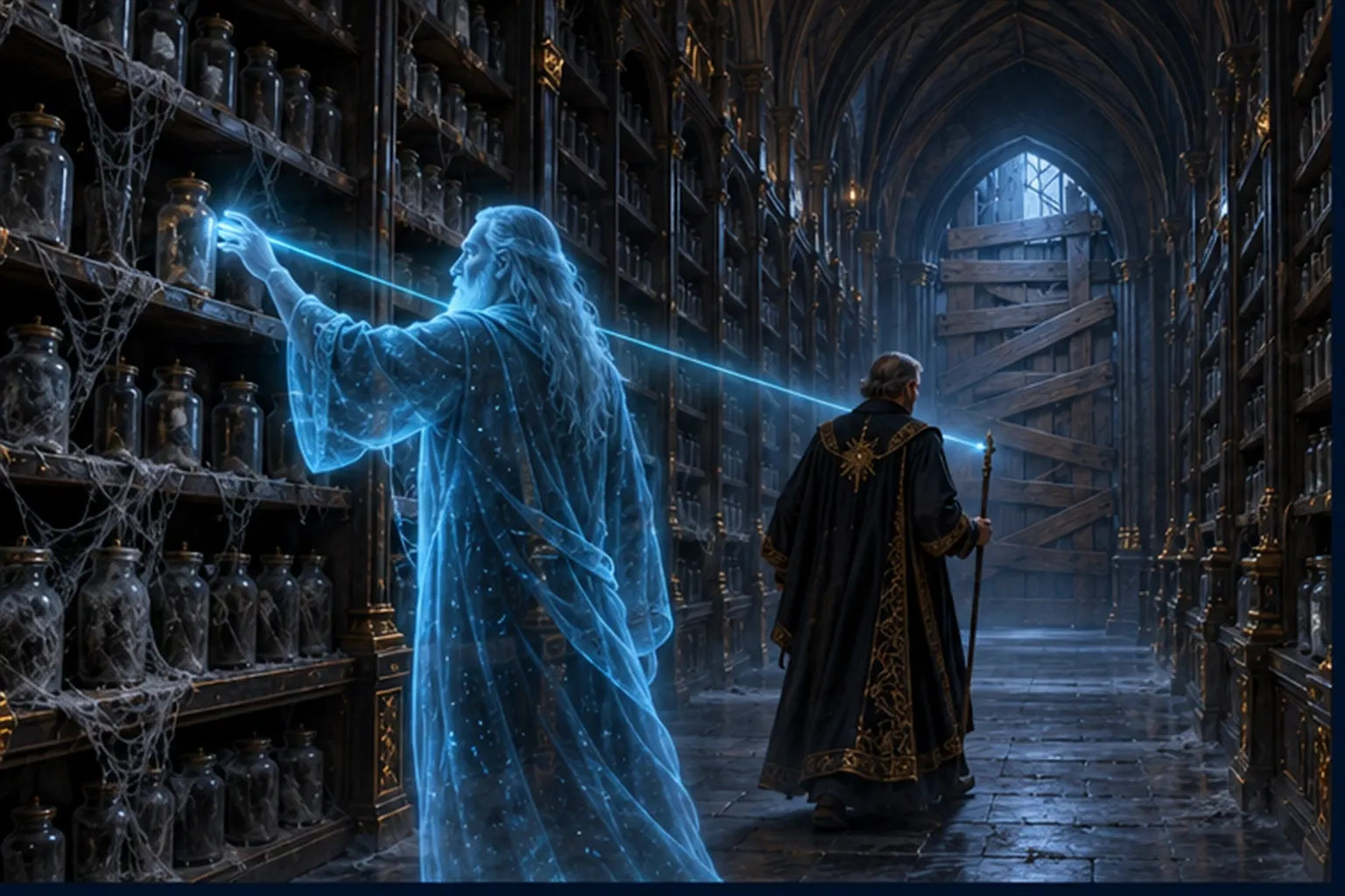A cyan agent takes a dusty jar from a shelf and sends a Wizard toward a boarded-up door in an archive corridor.