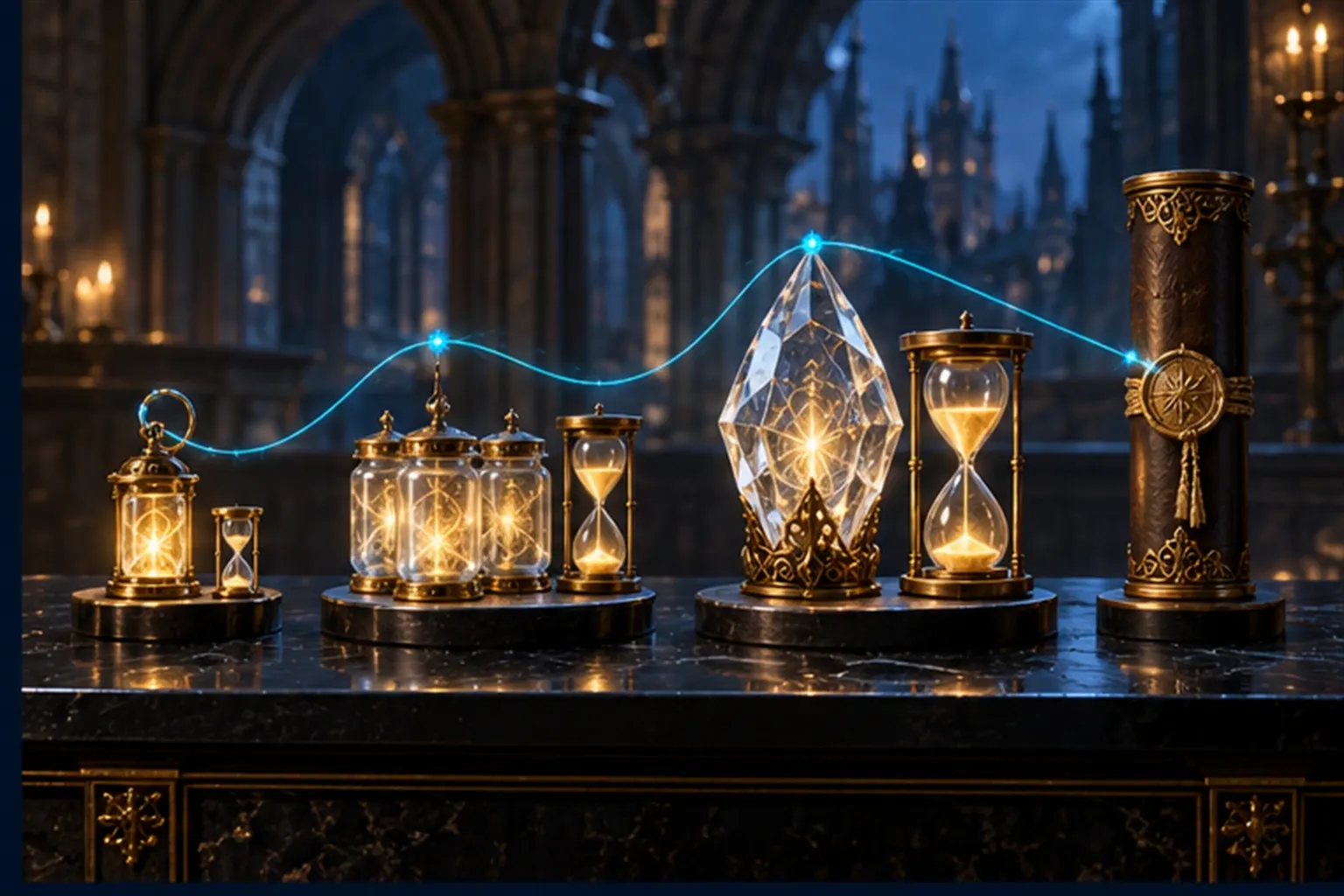 Four vessels on a plinth, a lantern, jars, a crystal and a scroll case, each beside an hourglass of a different size.