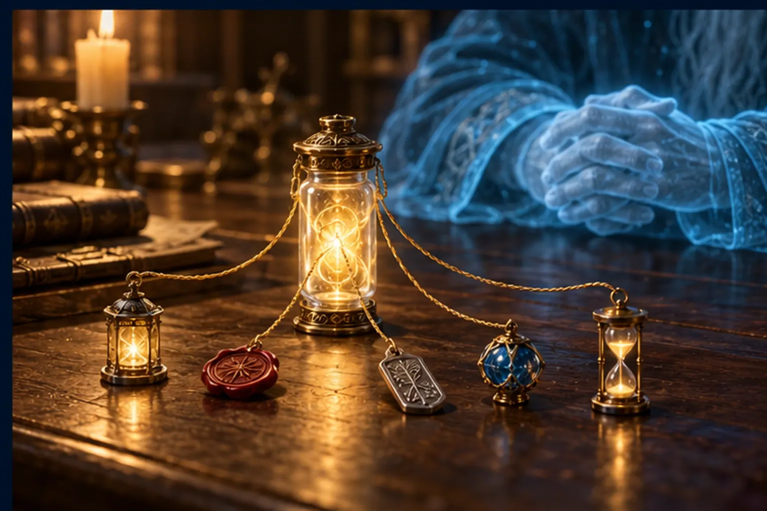 A glass vial of gold light on a desk with five cords tied to a lantern, a wax seal, a tag, a bead and a tiny hourglass.